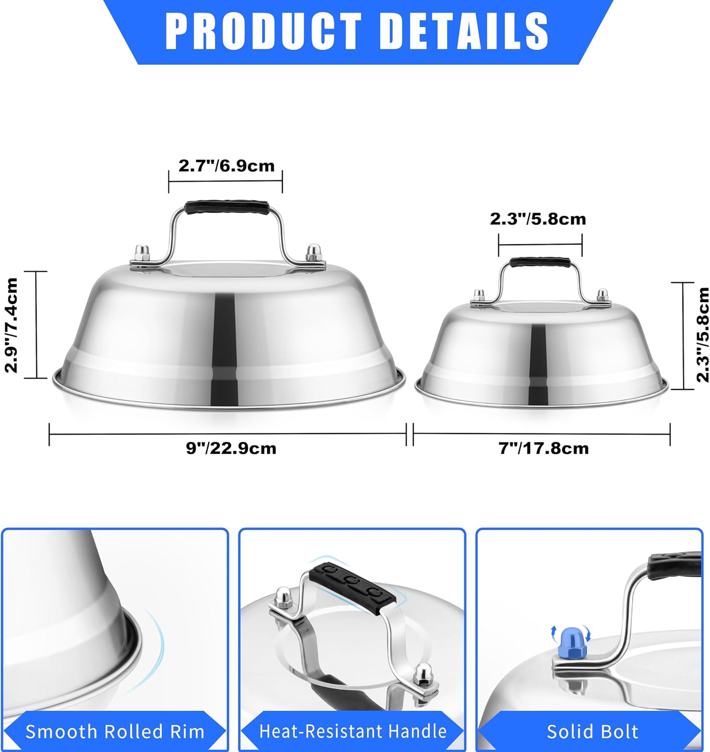 Cheese Melting Dome Set of 3, Leonyo 12"-9"-6.5" Metal Steam Basting Cover for Griddle Grill, Heavy duty Stainless Steel Griddle Accessories for BBQ Flat Top Kitchen Cooking Hamburger, Heat Proof Grip