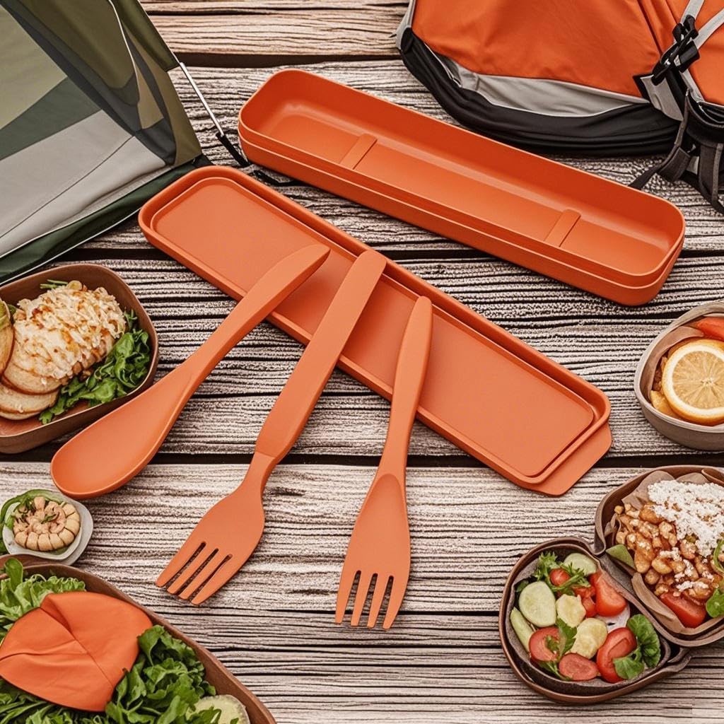 Reusable Utensils Set with Case, Wheat Straw Portable Spoon and Fork Set, Plastic Work School Kids Adults or Daily Use Cutlery Set - for Lunch Box Use Outdoor (Red)