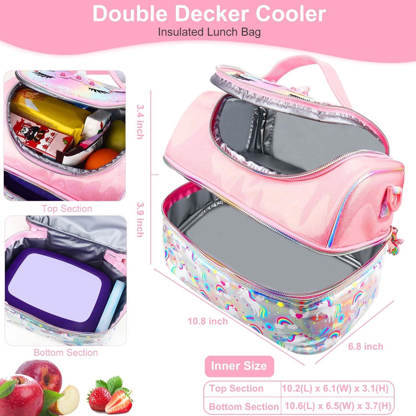 RHCPFOVR Kids Lunch Bag - Double - Decker Cooler Insulated Lunch Box for Boys Girls,Washable Lunch Bag with Strap and Reusable Toddler Lunchbox for School and Daycare