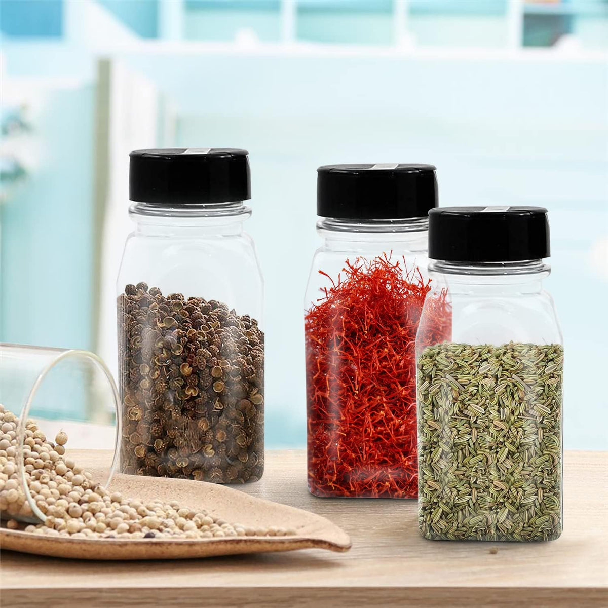 RoyalHouse 9.5 Oz Plastic Spice Jars with Black Cap, Clear and Safe Plastic Bottle Containers with Shaker Lids for Storing Spice, Herbs and Seasoning Powders, BPA Free, Made in USA