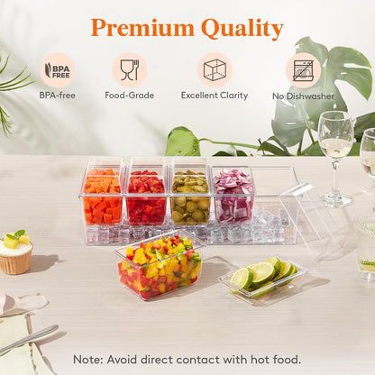 Lifewit Chilled Condiment Caddy with 5 x 20 oz Containers, Compact 15" Garnish Tray with Lids for Bartenders, Taco Bar Party Serving Set & Dirty Soda Bar Supplies, Ideal for Fruit, Salad, Toppings