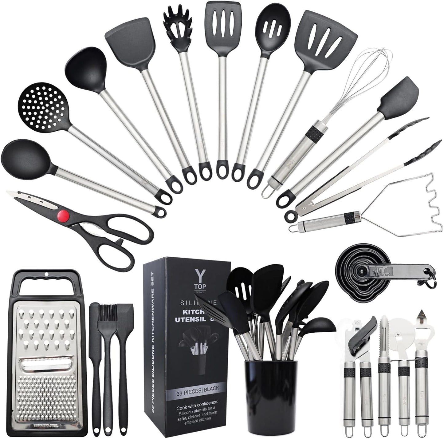 Silicone Kitchen Utensils Set 33 PCS Heat Resistant Food Grade Silicone Utensils Set for Cooking with Stainless Steel Handles BPA Free Kitchen Gadgets Tools Set with Holder Safe for Nonstick Cookware