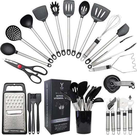 Silicone Kitchen Utensils Set 33 PCS Heat Resistant Food Grade Silicone Utensils Set for Cooking with Stainless Steel Handles BPA Free Kitchen Gadgets Tools Set with Holder Safe for Nonstick Cookware