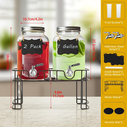 1 Gallon Glass Drink Dispensers for Parties,2 Pack Beverage Dispenser with Stand and Stainless Steel Spigot,Glass Water Lemonade Dispenser with Ice Cylinder for Party Drink,Iced Tea,Kombucha