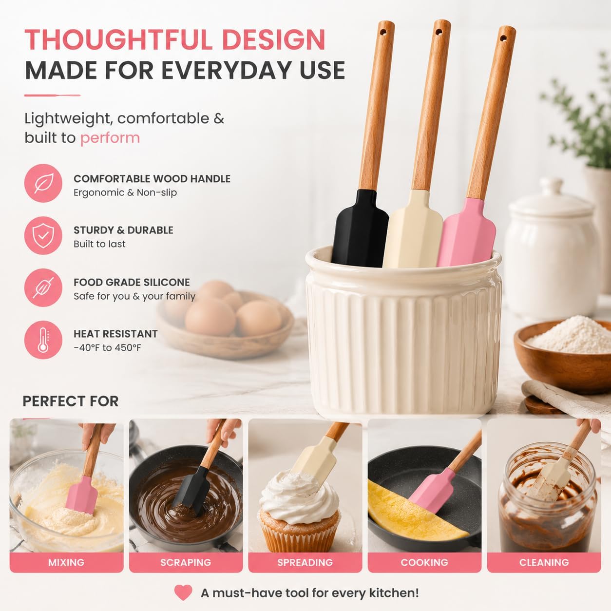 Silicone Spatula Set 3 Pieces - BPA Free&600 ° F High Temperature Resistant, Suitable for Baking, Cooking, and Stirring, Non Damaging and Non Sticky Pot Coatings