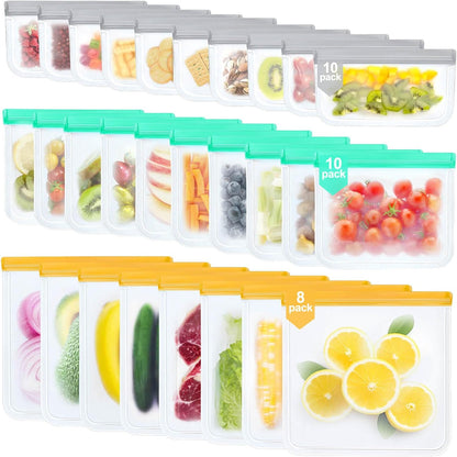 28 Pack Reusable Freezer Bags Food Storage Bags, BPA Free Reusable Bags, Food Storage Containers for Meal Prep Containers, Salad Fruit,Vegetables, Dishwasher Safe, 8 Gallon 10 Sandwich 10 Snack