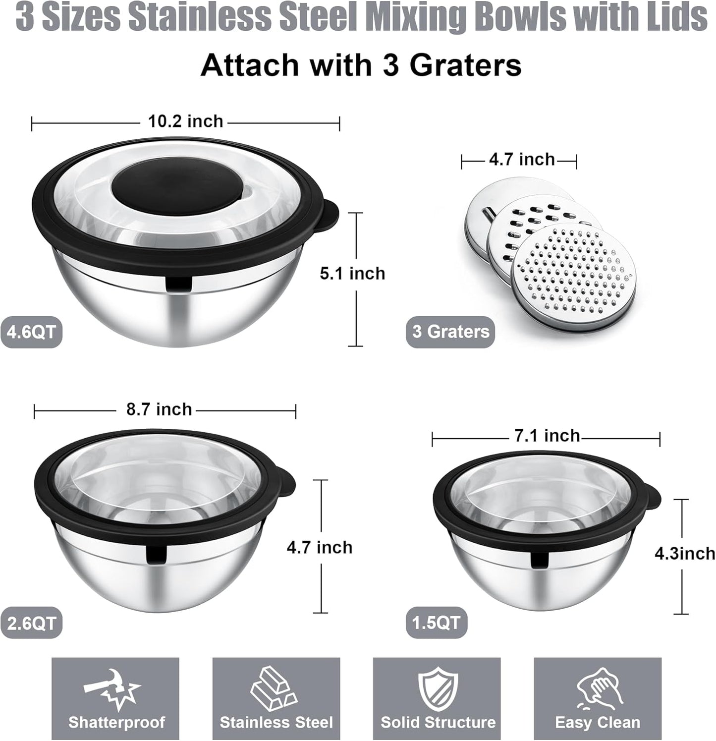 E-far Mixing Bowls Set of 5, Stainless Steel Salad Mixing Bowl with Transparent Lid, Metal Nesting Bowl Attach with 3 Graters for Kitchen Prepping/Serving/Baking/Storage, 4.6/2.6/1.5/1/0.7 QT - Black