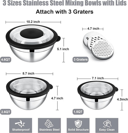 E-far Mixing Bowls Set of 5, Stainless Steel Salad Mixing Bowl with Transparent Lid, Metal Nesting Bowl Attach with 3 Graters for Kitchen Prepping/Serving/Baking/Storage, 4.6/2.6/1.5/1/0.7 QT - Black