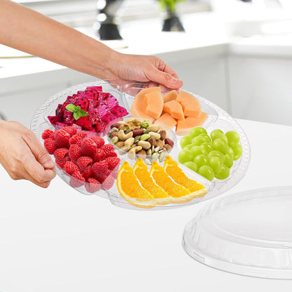 Lawei 30 Pack Plastic Appetizer Tray with Clear Lid, Stackable Round Serving Party Tray, 12 In Banquet Catering Fruit Vegetable Trays, Reusable 6 Divided Food Snack Dip Platter for Outdoor Buffet