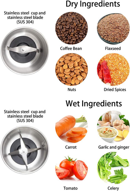 DR MILLS DM-7412M Stainless Steel Electric Dried Spice and Coffee Grinder,2 in 1 Wet and Dry, Detachable Cups, Dishwasher Safe