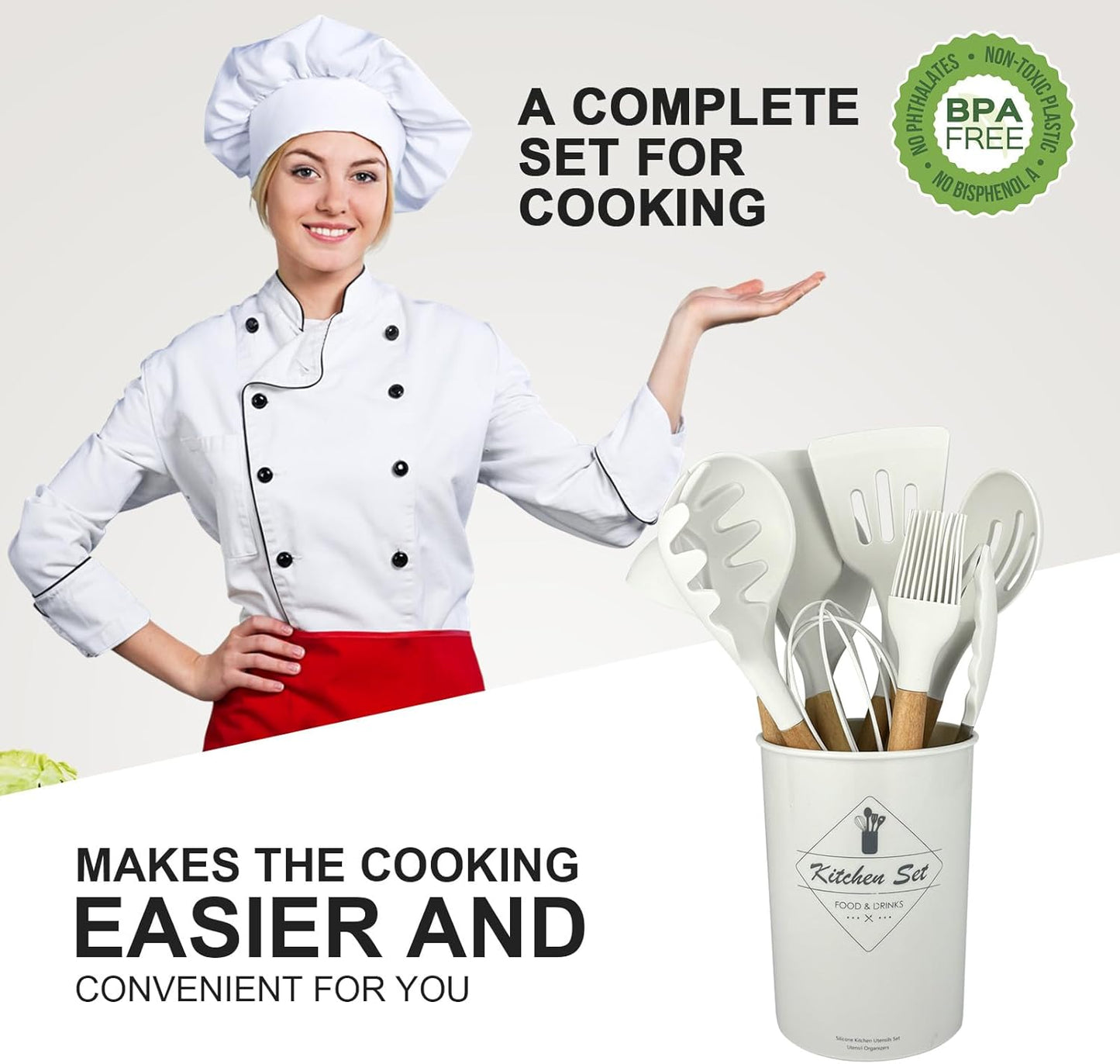 12 pcs Silicone Cooking Utensils Kitchen Utensil Set with Holder Heat Resistant Silicone Spatula Turner Set Wooden Spoons Kitchen Gadgets Tools Cooking Utensils for Nonstick Cookware (White)