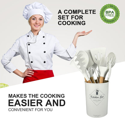 12 pcs Silicone Cooking Utensils Kitchen Utensil Set with Holder Heat Resistant Silicone Spatula Turner Set Wooden Spoons Kitchen Gadgets Tools Cooking Utensils for Nonstick Cookware (White)