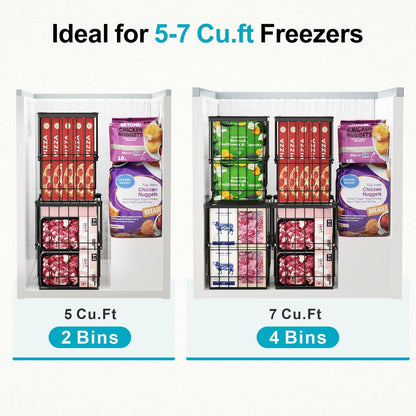 iSPECLE Deep Freezer Organizer Bins - Height-Adjustable Fit 12" Pizza, 2Pcs | Extra Large, Stackable For 5 to 7 Cu. Ft Chest Freezers, Easily Sort and Get Frozen Foods with Handles, No Digging, Black