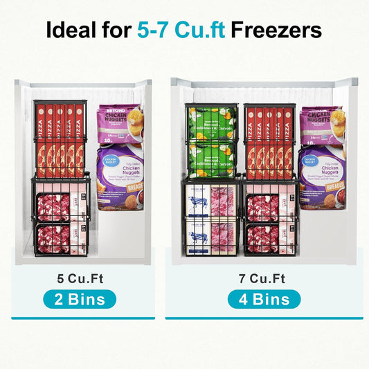 iSPECLE Deep Freezer Organizer Bins - Height-Adjustable Fit 12" Pizza, 2Pcs | Extra Large, Stackable For 5 to 7 Cu. Ft Chest Freezers, Easily Sort and Get Frozen Foods with Handles, No Digging, Black