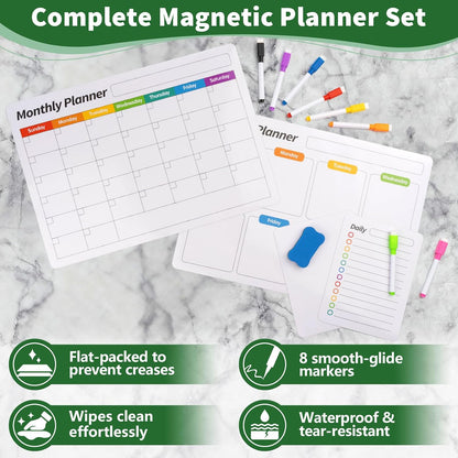 FINDMAG 4 Pack Magnetic Dry Erase Board Set, 16.5"x11.8" Magnetic Calendar for Refrigerator, Fridge Calendar Magnet, Black Weekly Planner Whiteboard for Fridge, Easy to Use with 8 Markers & Eraser