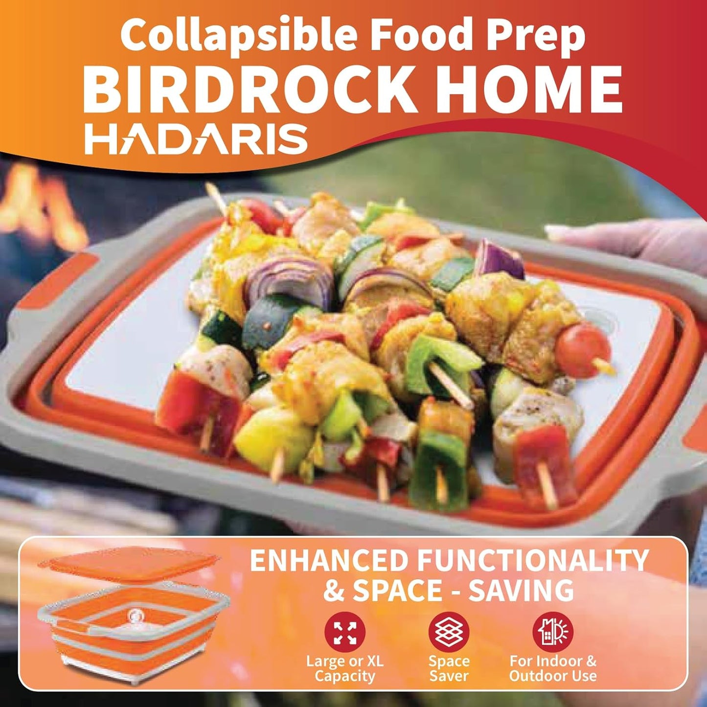 All-in-One Collapsible BBQ Prep Tub - Marinating Station & Food Storage with Built-in Cutting Board & Airtight Lid - Perfect for Grilling, Camping & Kitchen Organization (Gray)