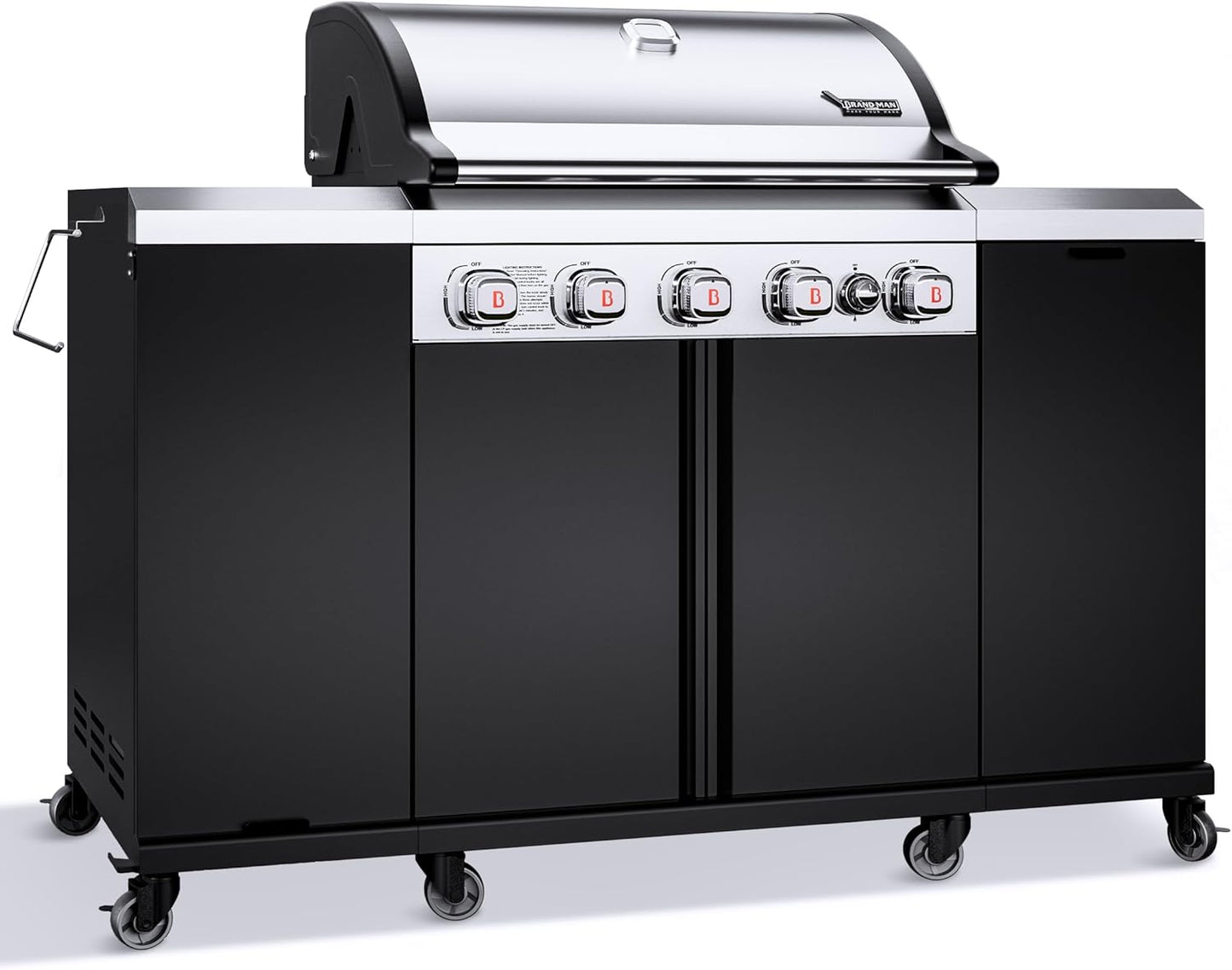Brand-Man 4-Burner Gas Outdoor Kitchen Grill Island with Side Burner - 44,000 BTU Stainless Steel BBQ Grill Station with Storage Cabinets, Fold-out Prep Table, LPG/NG Convertible, Black