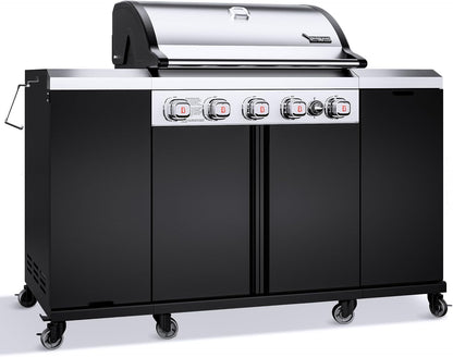 Brand-Man 4-Burner Gas Outdoor Kitchen Grill Island with Side Burner - 44,000 BTU Stainless Steel BBQ Grill Station with Storage Cabinets, Fold-out Prep Table, LPG/NG Convertible, Black