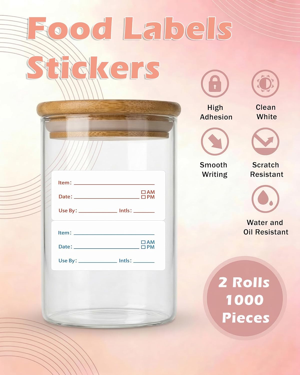 2 Rolls 1000 Pieces Removable Food Labels, 1 x 2 Inch Date Stickers for Freezer, Refrigerator Food Containers – Easy to Write On, Perfect for Food Labeling and Storage Organization (1000)