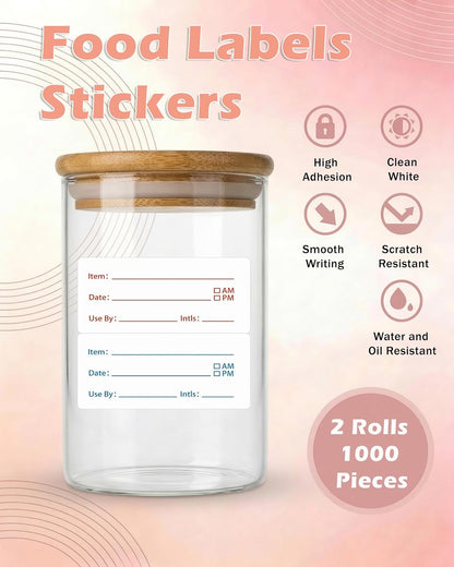 2 Rolls 1000 Pieces Removable Food Labels, 1 x 2 Inch Date Stickers for Freezer, Refrigerator Food Containers – Easy to Write On, Perfect for Food Labeling and Storage Organization (1000)
