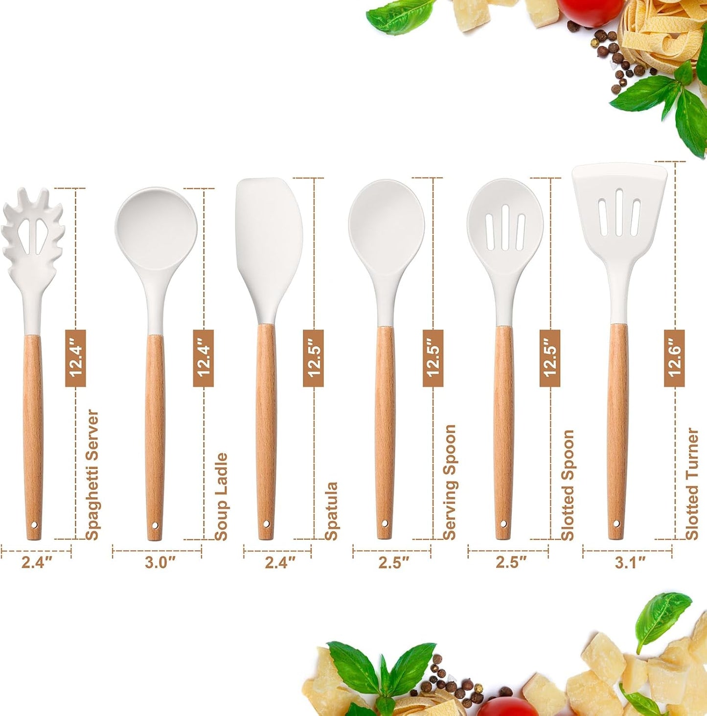 E-far Cooking Utensils Set of 6, Silicone Kitchen Utensils with Wooden Handle, Non-stick Cookware Friendly & Heat Resistant, Includes Spatula/Ladle/Slotted Turner/Serving Spoon/Spaghetti Server(Khaki)