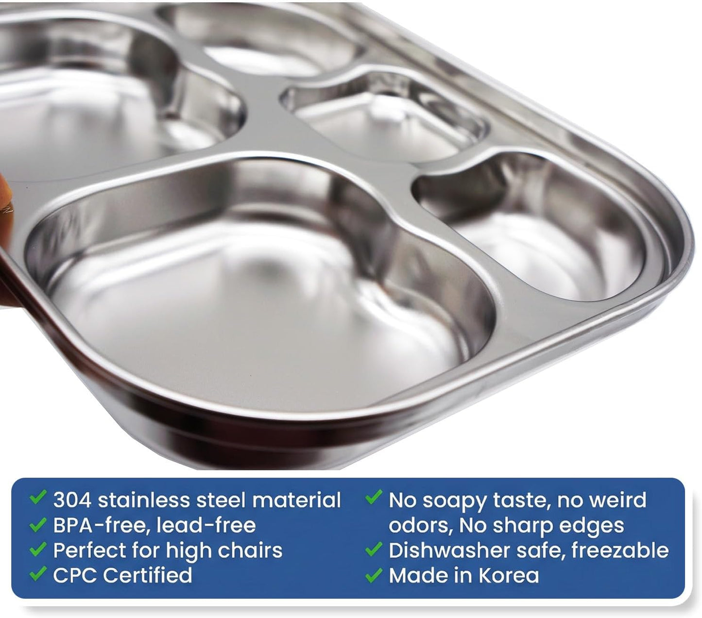 Korean Stainless Steel Divided Plates for Adults, Teens, Premium 304, Electro-Polished, No Black Residue, BPA-Free, Large 5-Compartment Food Tray, Diet Portion Control, Camping, Set of 2