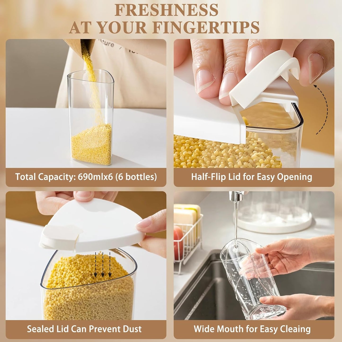 6 Grids 360° Rotating Cereal Dispenser Countertop - 7 lbs Rice Dispenser for Pantry Kitchen - Small Food Storage Containers Set with Lids - Grain Cereal Storage Container for Oats, Flour, Bean