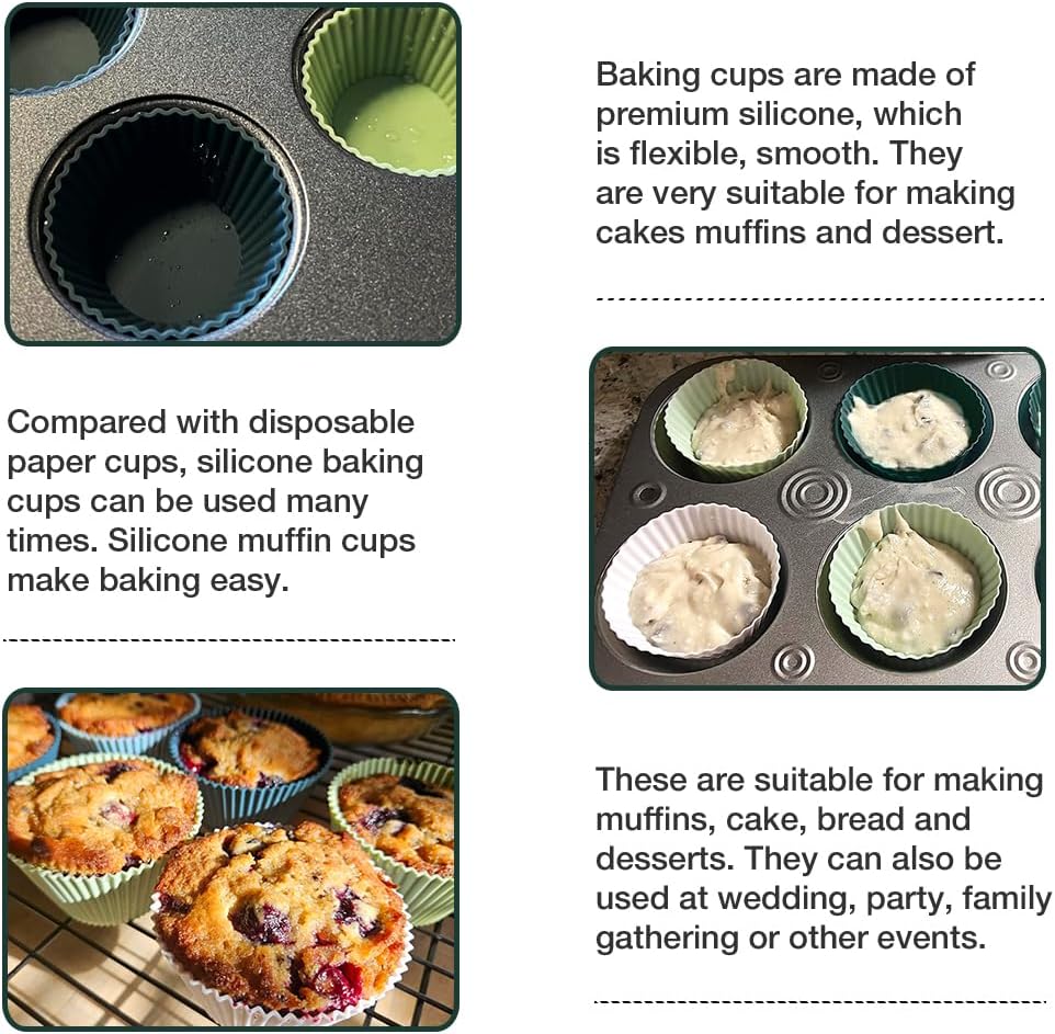 Extra Large Silicone Cupcake Muffin Cups 12 Pcs, 3.54 Inch Muffin Liners, Reusable Jumbo Silicone Baking Cups Easy to Clean, Great for Cupcake, Mousse(3 Green, White)