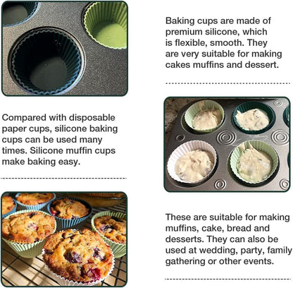 Extra Large Silicone Cupcake Muffin Cups 12 Pcs, 3.54 Inch Muffin Liners, Reusable Jumbo Silicone Baking Cups Easy to Clean, Great for Cupcake, Mousse(3 Green, White)