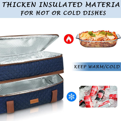 Quilted Double Decker Casserole Carrier - Expandable Dish Carrying Case for Hot or Cold Food, Lasagna Holder for Potluck Parties, Picnic, Beach, Fits 9"×13" Baking Dish (Black)