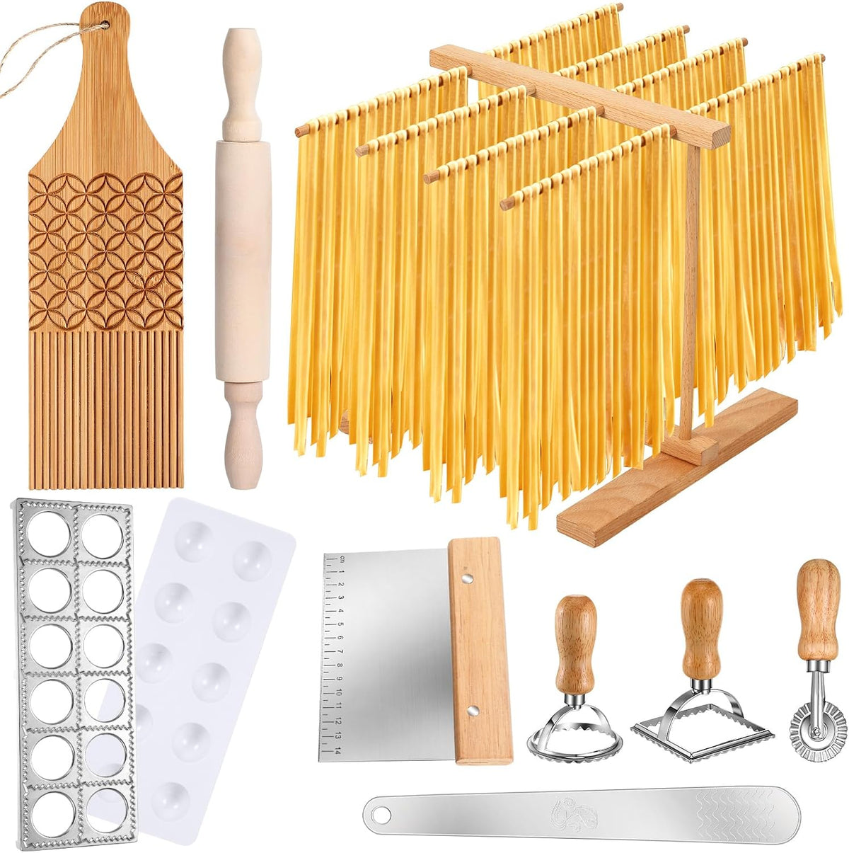 Baderke 9 Pcs Pasta Making Tools, Drying Rack Ravioli Press Gnocchi Board