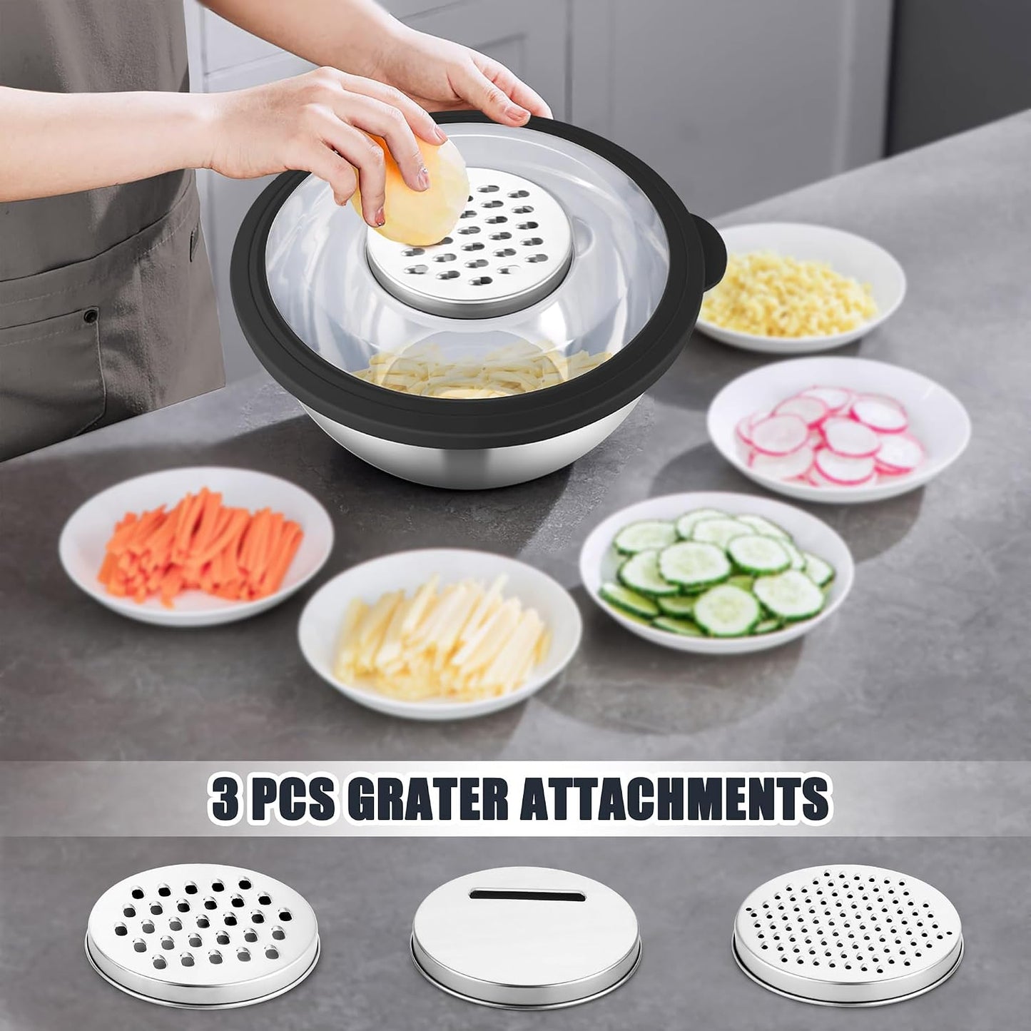 HaWare Mixing Bowl with Colander, 4-1 Stainless Steel Bowl Set with Lids & 3 Pcs Nesting Graters, Rotatable Food Strainer for Rinsing Fruits Vegetables, Non-Slip Bottom, Black