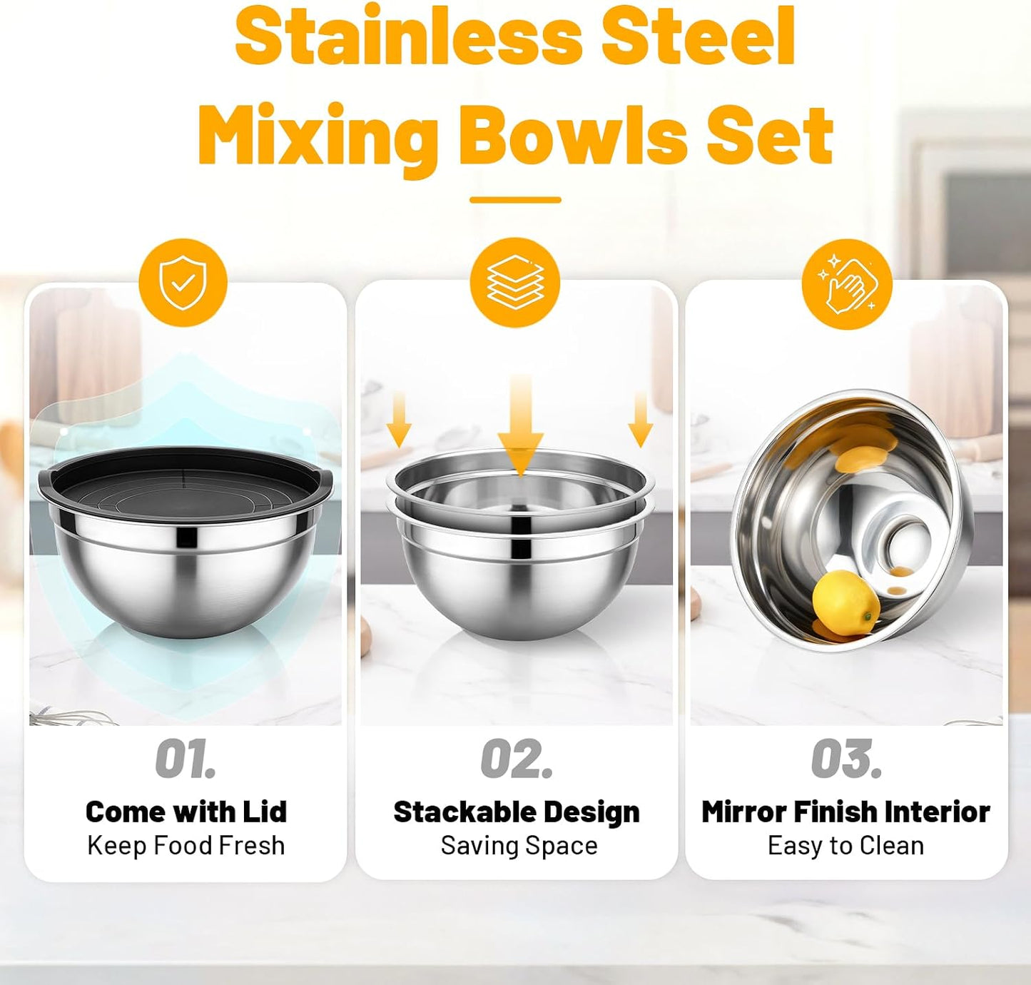 Beasea Stainless Steel Mixing Bowls, 5 Pack 1.5 QT Stackable Nesting Mixing Bowls with Airtight Lids, Metal Bowl with Lid for Baking, Meal Prepping, Salad, Serving, Food Storing