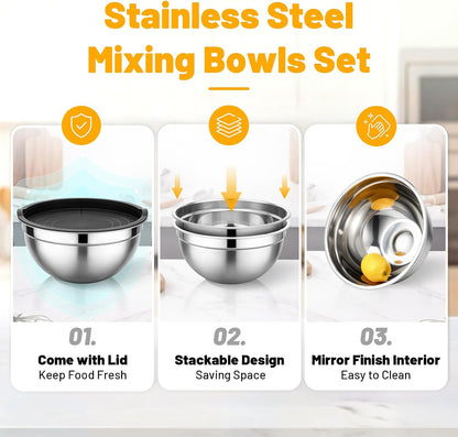 Beasea Stainless Steel Mixing Bowls, 5 Pack 1.5 QT Stackable Nesting Mixing Bowls with Airtight Lids, Metal Bowl with Lid for Baking, Meal Prepping, Salad, Serving, Food Storing