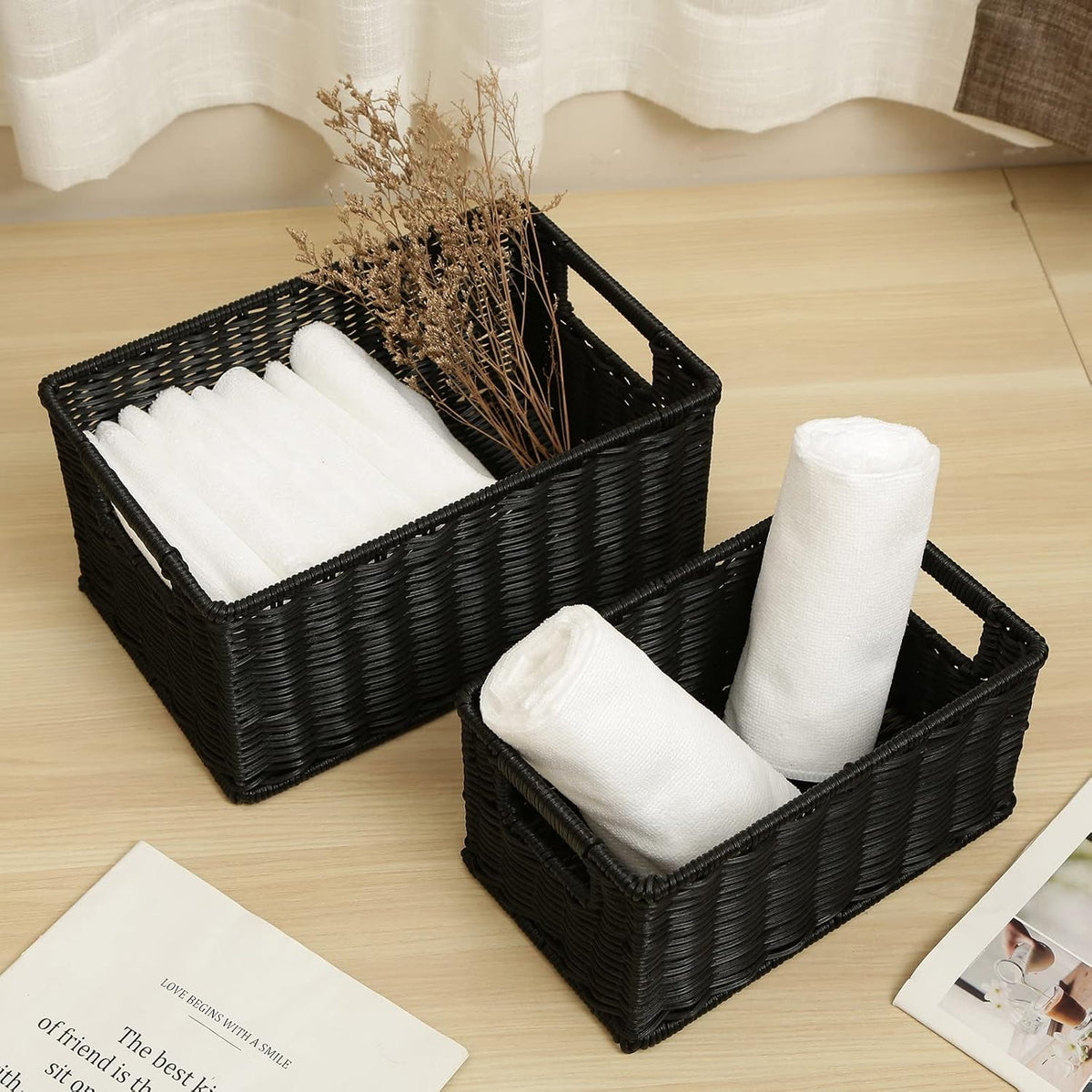 HOONEX Water Hyacinth Storage Baskets, Wicker Baskets for Storage, Hand Woven Baskets with Carry Handles, Set of 2, Natural