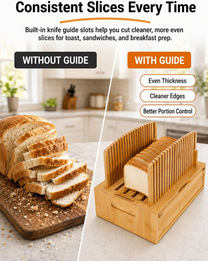 Natural Bamboo Bread Slicer, Bread Slicer Guide for Homemade Bread, Foldable Space-Saving Loaf Guide with Crumb Tray, Adjustable Thickness for Even Slices, Sturdy Cutter for Sourdough and Toast