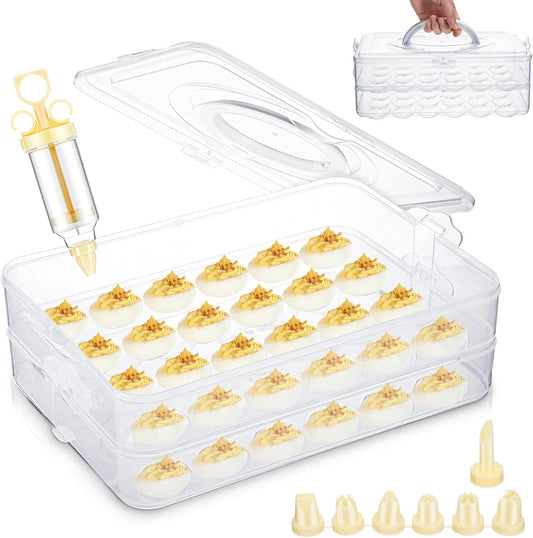 Deviled Egg Carrier with Syringe Stackable Stackable Clear Holder with Lid for Refrigerator Portable 48 Eggs Dispenser Storage Containers Tray(Without Handle)