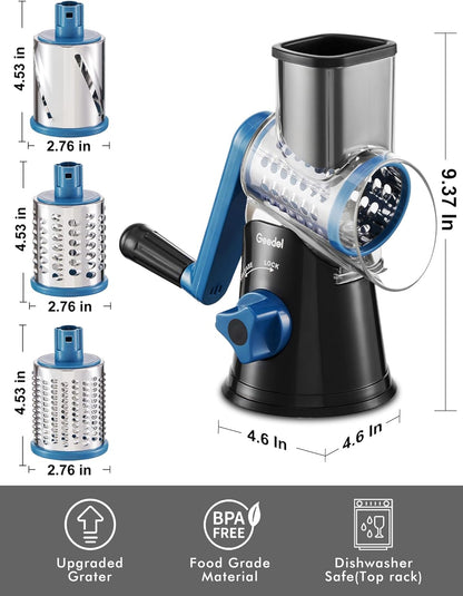 Geedel Rotary Cheese Grater, Kitchen Mandoline Vegetable Slicer with 3 Interchangeable Blades, Easy to Clean Rotary Grater Slicer for Cheese, Vegetables, Nuts