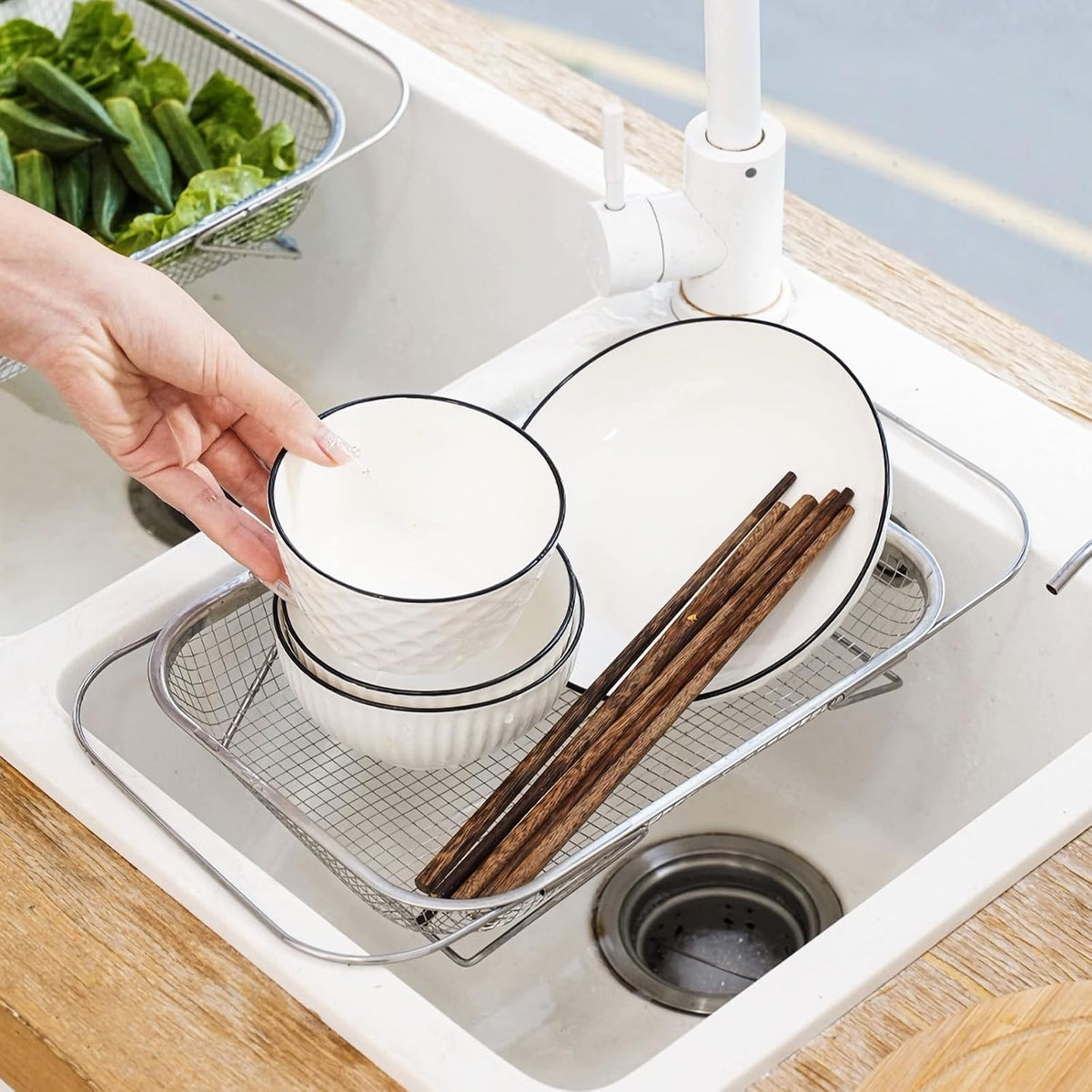 upgrade over the sink mesh colander expandable strainer stainless steel vegetable basket for kitchen sink (40 * 13 * 6.5cm)