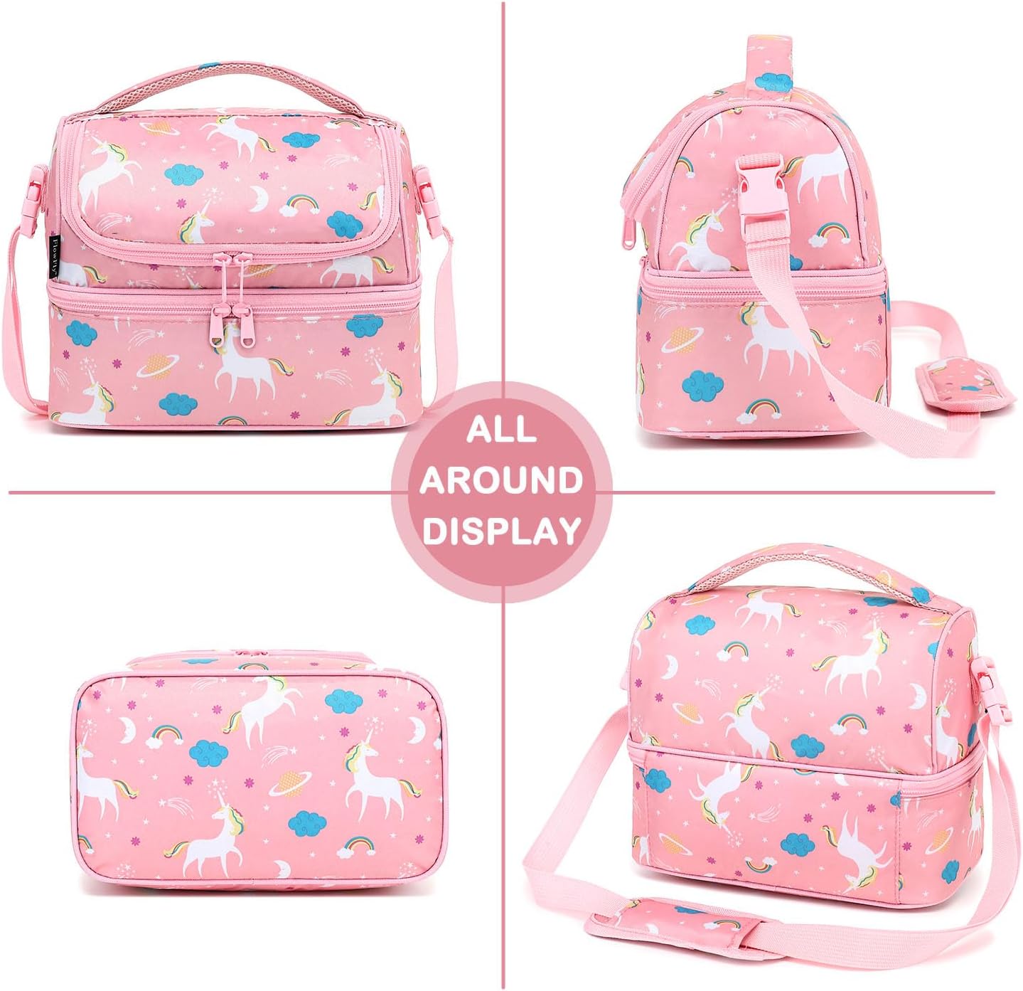 FlowFly Kids Double Decker Cooler Insulated Lunch Bag Large Tote for Boys, Girls, Men, Women, With Adjustable Strap, Unicorn
