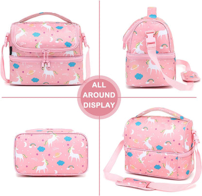 FlowFly Kids Double Decker Cooler Insulated Lunch Bag Large Tote for Boys, Girls, Men, Women, With Adjustable Strap, Unicorn