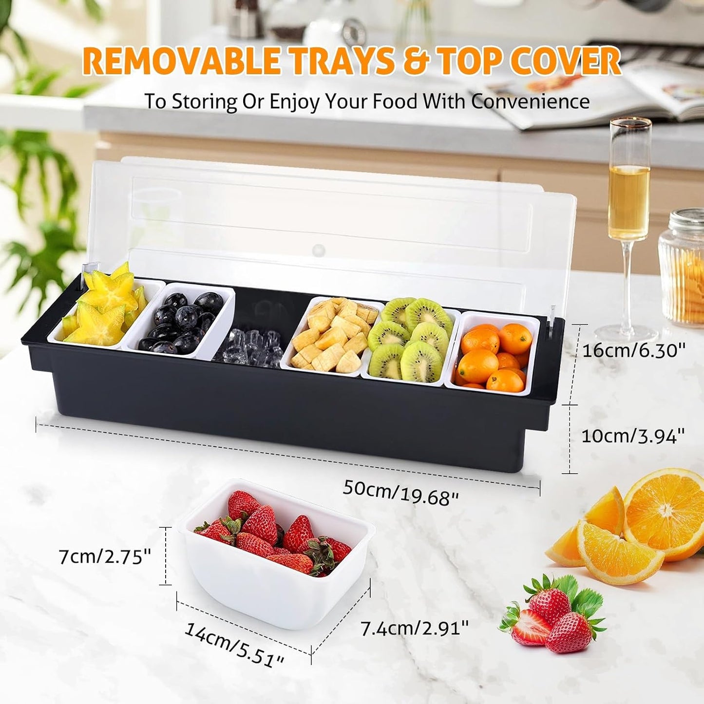 WICHEMI Fruit, Veggie & Condiment Caddy with Lid Dispenser Tray Plastic Garnish Station for Bartending & Serving Taco, Ice Cream, Salad Bar - Topping Organizer for Restaurant Supplies (3 Compartment)