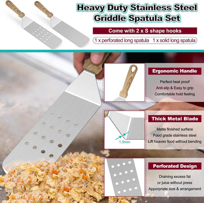 Metal Spatula Set, HaSteeL Stainless Steel Griddle Spatula Tools Kit with Wooden Handle, Heavy Duty Long Pancake Flipper Burger Turner for BBQ Teppanyaki Flat Top Grilling Cooking Outdoor & Indoor