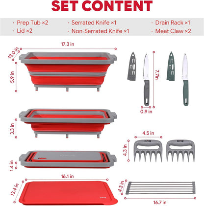 Feasto Collapsible BBQ Prep Tubs with Cutting Board, 9-IN-1, 2 Tubs Portable Grill Prep Station with Side Brackets, Lids, Knives, Meat Claws and Drain Rack, Space-Saving for Kitchen & Camping, Black