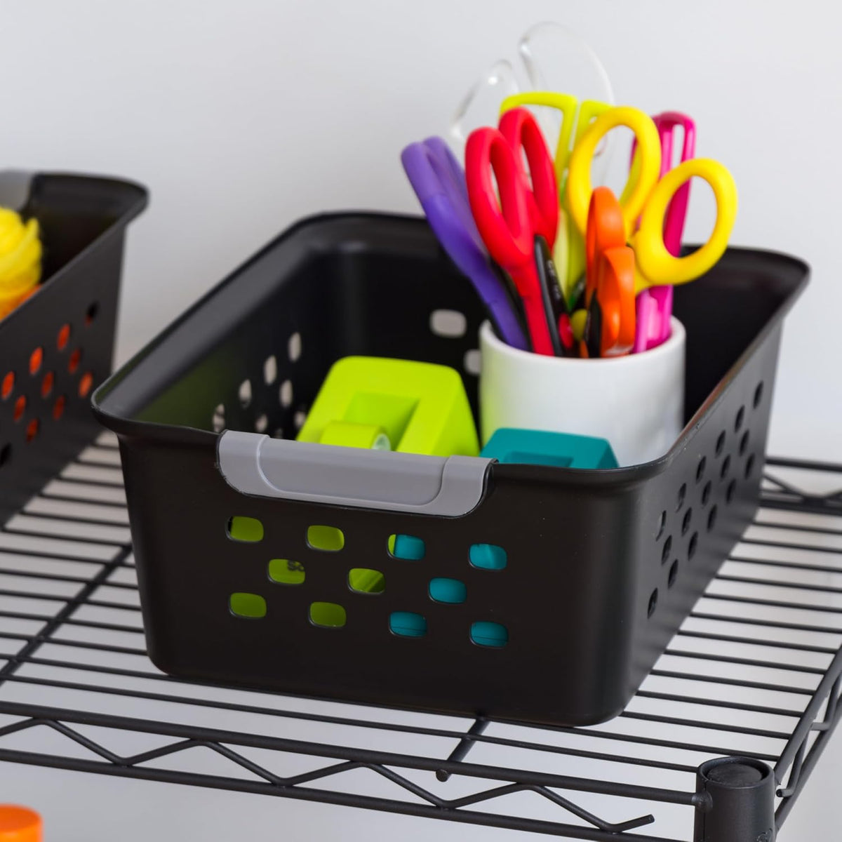 IRIS USA Plastic Storage Baskets, 6-Pack, Made in USA, Shelf Baskets Small Baskets Organizing Bins for Pantry Countertops Closet Shelves Laundry Room Office, Multi-Purpose, Nestable, Easy Carry, Black