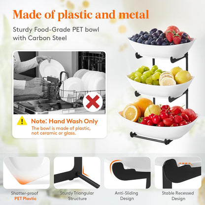 Lifewit Plastic Fruit Bowl for Kitchen Counter, 3 Tier Fruit Basket with Gold Metal Stand, Tiered Fruit Holder for Countertop Serving Tray for Vegetable/Dessert in Party 28 x 21 x 35cm/11 x 8.4 x 14
