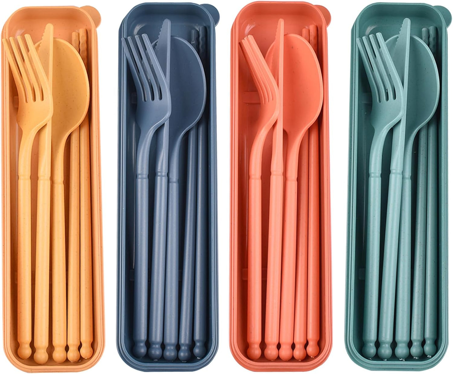 Reusable Travel Utensils Set with Case, 4 Sets Plastic Portable Knife Fork Spoons Tableware for Kids Adults Travel Picnic Camping Utensils