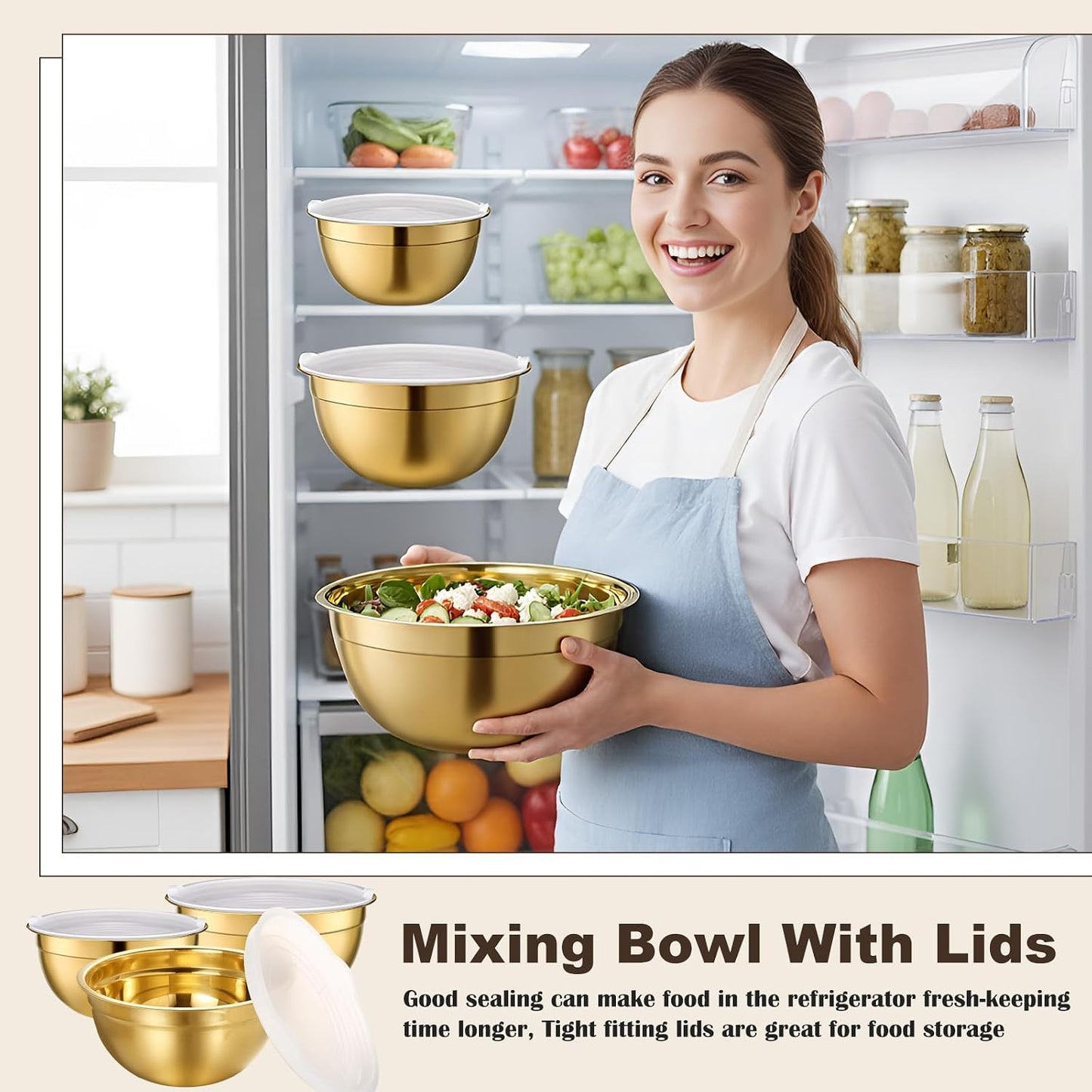 Baderke 6 Pcs Gold Kitchen Accessories Set Includes 3 Gold Mixing Bowls with Airtight Lids Stainless Steel Colander Grater Slicer and Fine Mesh Strainer(Mixing Bowls: 2.8/3.7/5 Qt, Colander: 4 Qt)