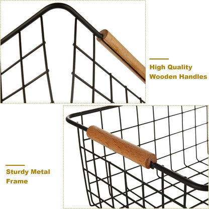 4 Pack Black Metal Wire Storage Baskets, Pantry Baskets for Organizing, Wire Food Storage Basket Organizer with Wooden Handles for Kitchen, Pantry, Freezer - 29 x 22 x 12cm
