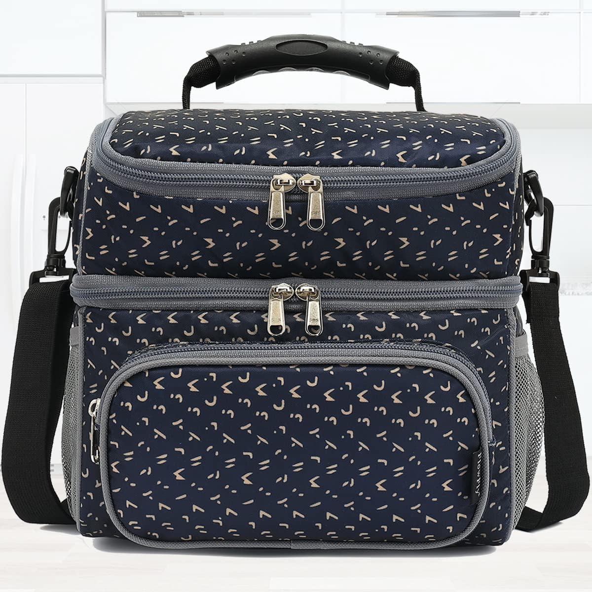 FlowFly Double Layer Cooler Insulated Lunch Bag Adult Lunch Box Large Tote Bag for Men, Women, With Adjustable Strap,Front Pocket and Dual Large Mesh Side Pockets